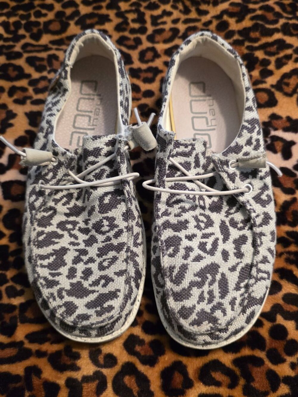 HEY DUDE Gray Leopard Print Slip Ons Size 7